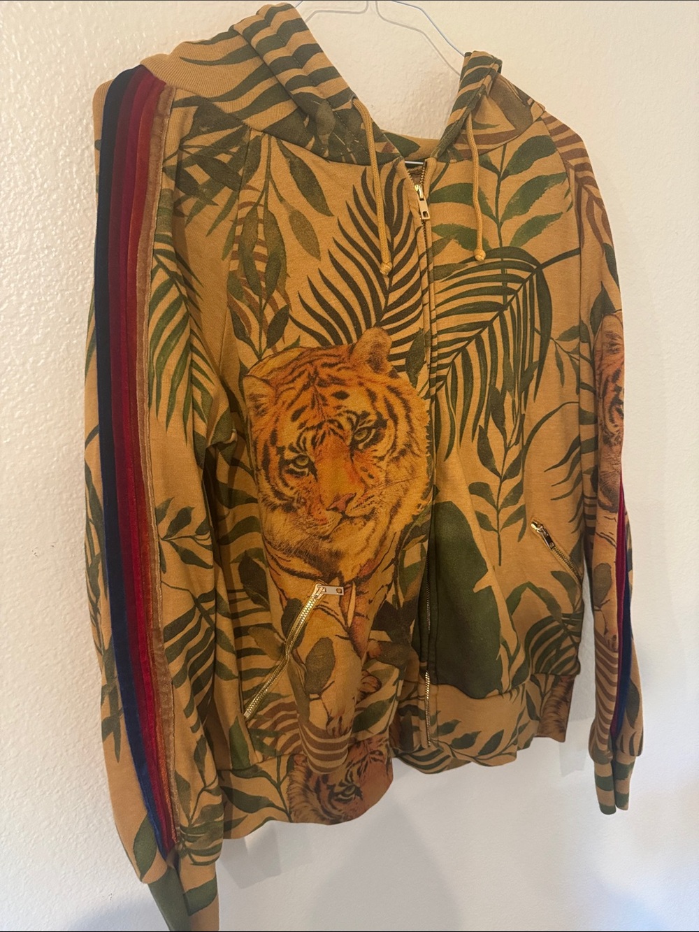Large Aviator Nation Rare Tiger Print Gold Zip Hoodie.  Gold zipper.